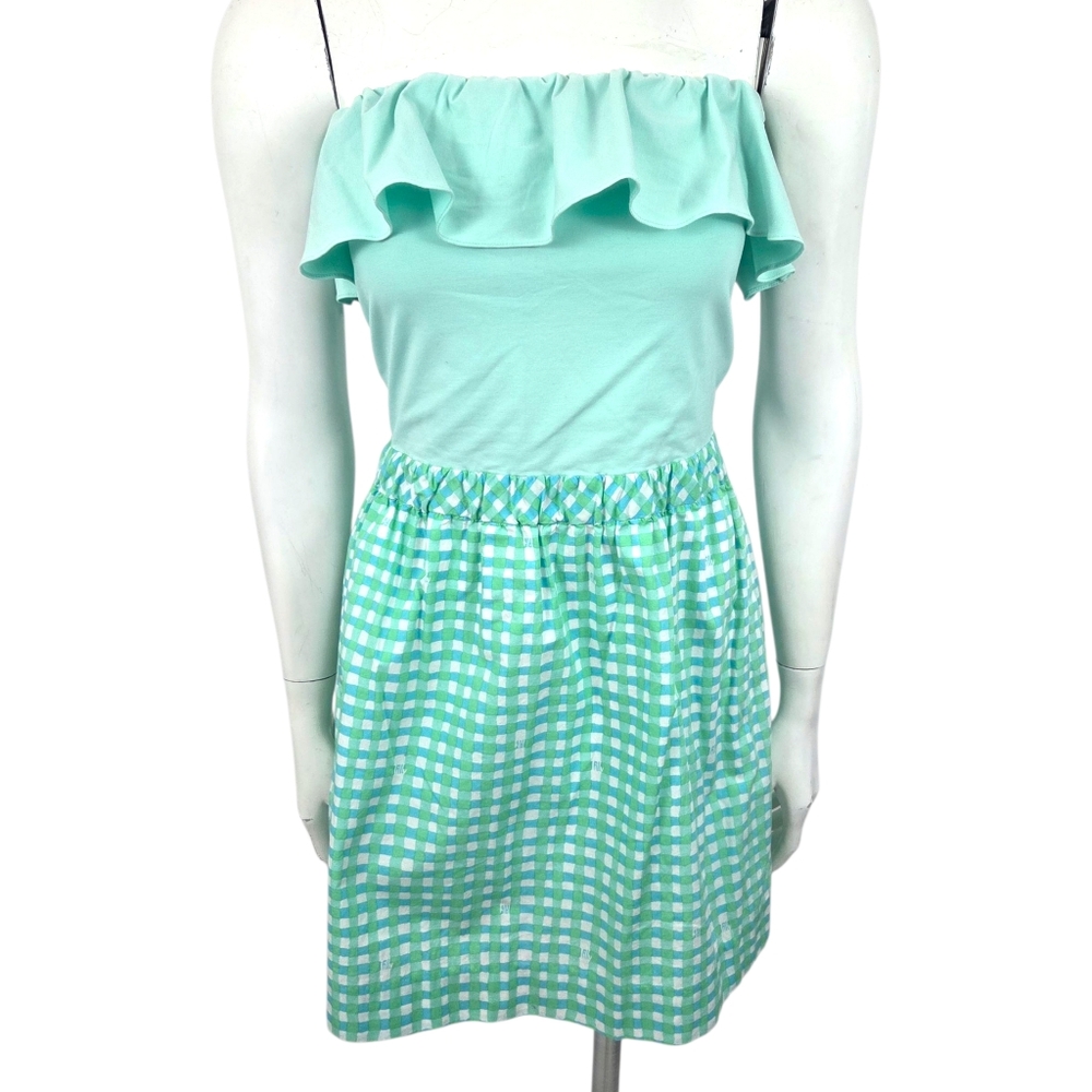 Lilly Pulitzer Strapless Ruffle Gingham Mini Dress Womens Medium Mint Green Prep